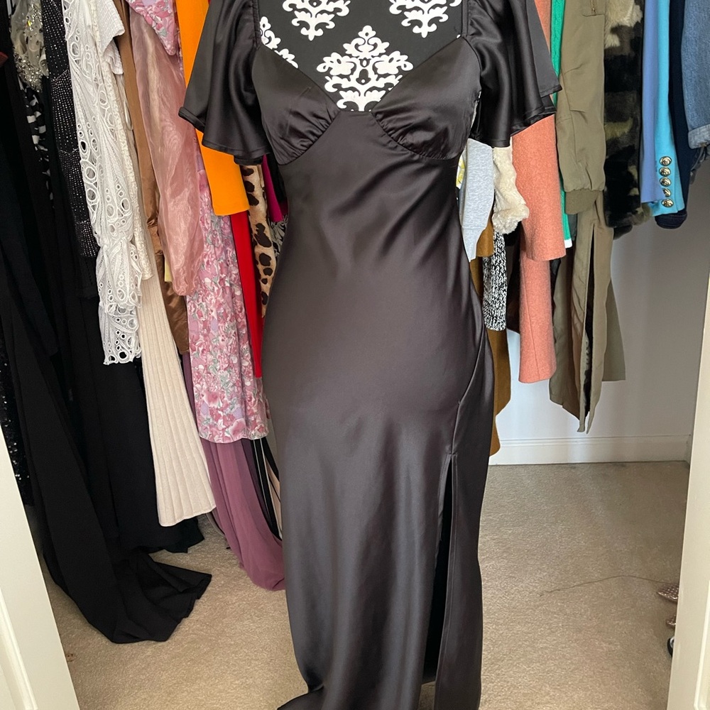 Black Satin Maxi Dress with Flutter Sleeves and Side Slit